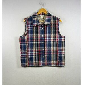 Christopher & Banks Quilted Vest Womens XL Blue Red Plaid Cotton Snap Front